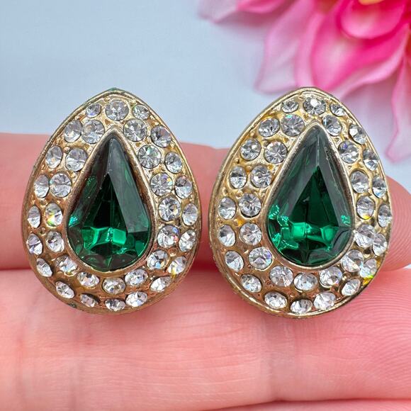Vintage Green Glass Teardrop Rhinestone Halo Earrings Quality Designer Style - Picture 1 of 14